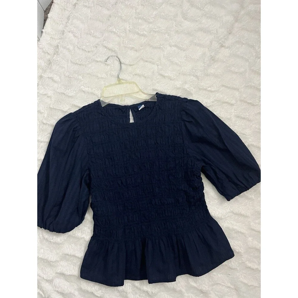 Old Navy Women’s Navy Blue Short Puff Sleeve Smocked Peplum Blouse Top Size M